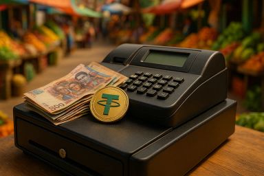 Cash register with banknotes and a coin in a