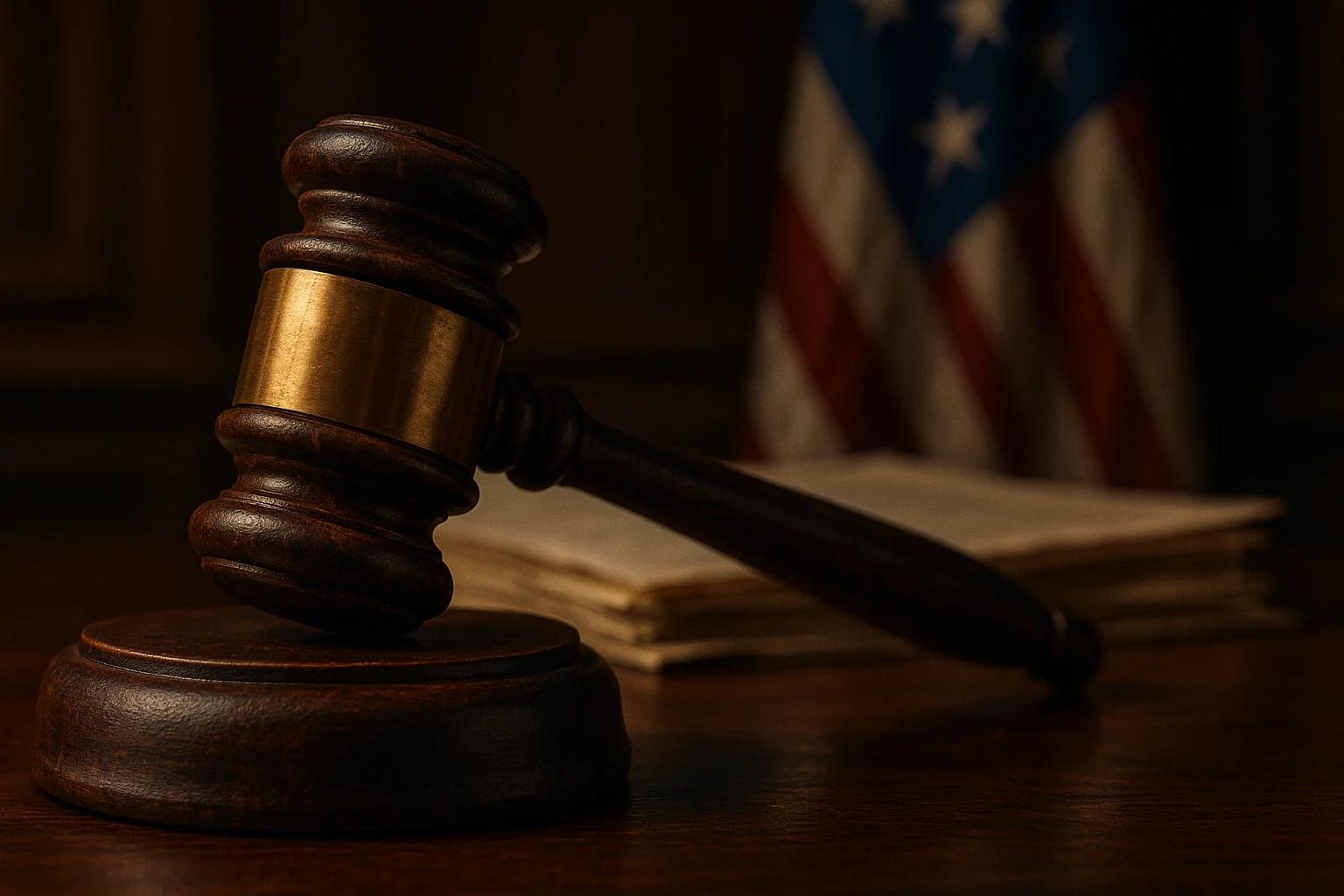Wooden gavel on a desk with an American flag in