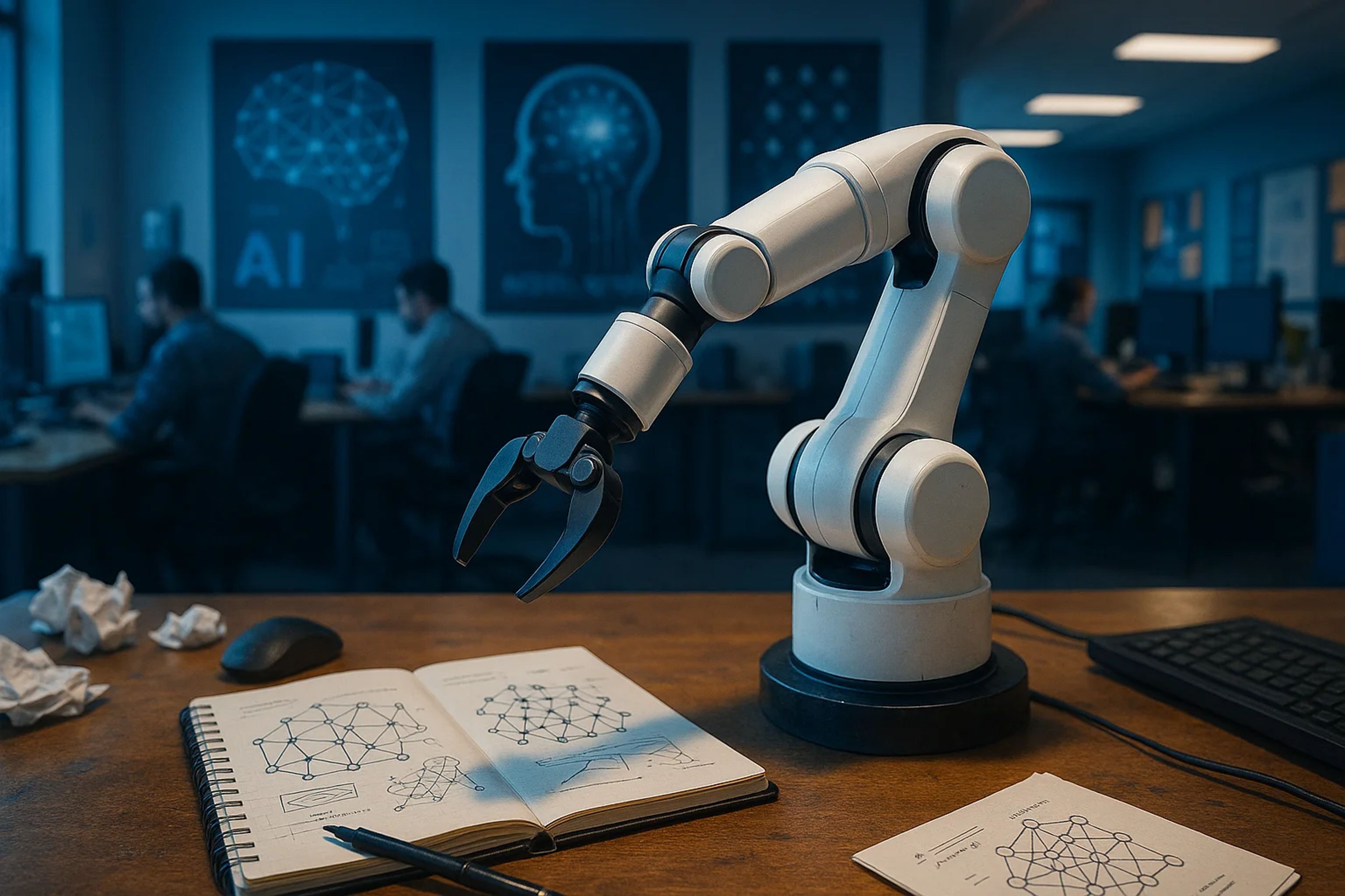 A robotic arm with a gripper on a desk, sketches