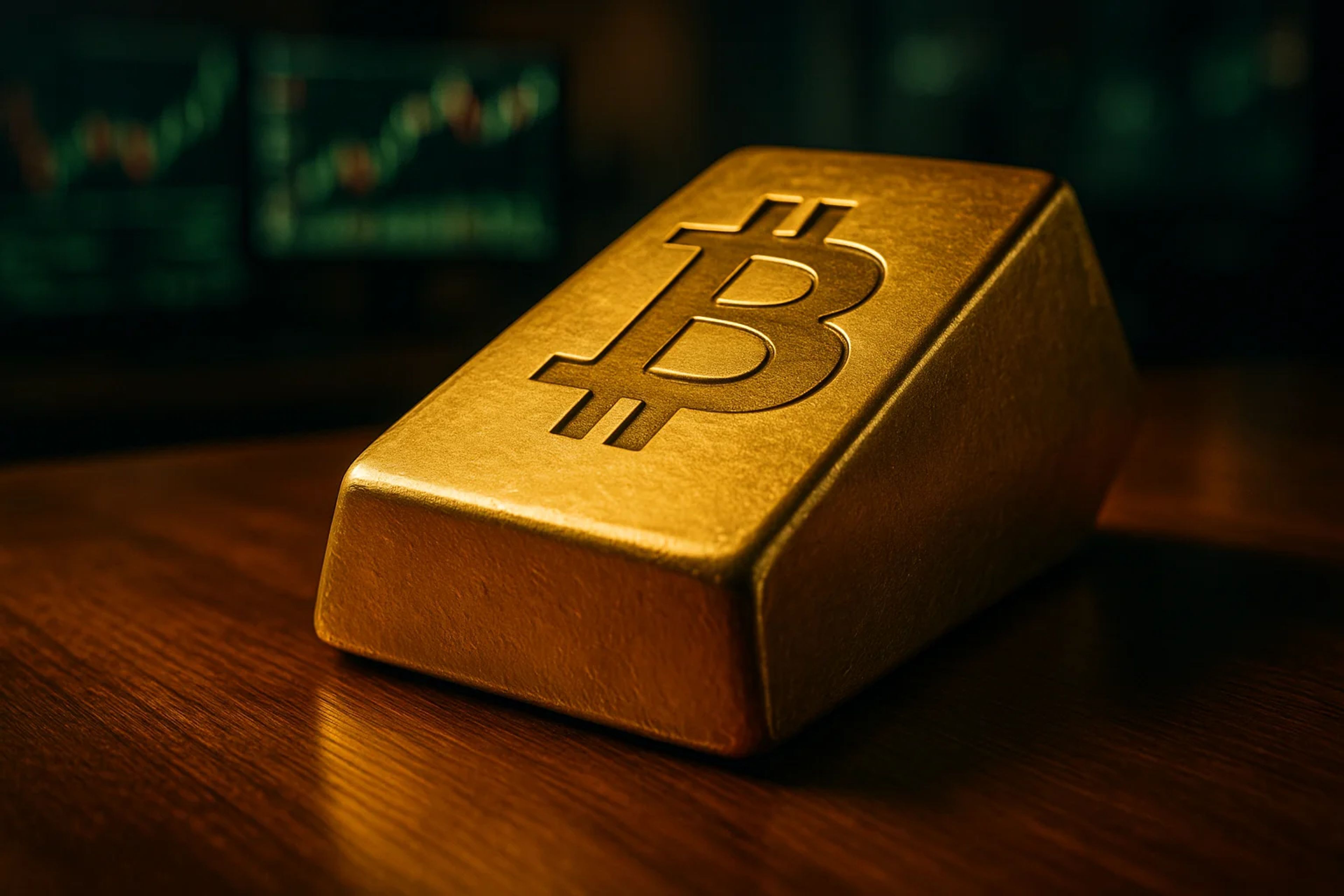 A gold bar with a Bitcoin symbol on it, resting