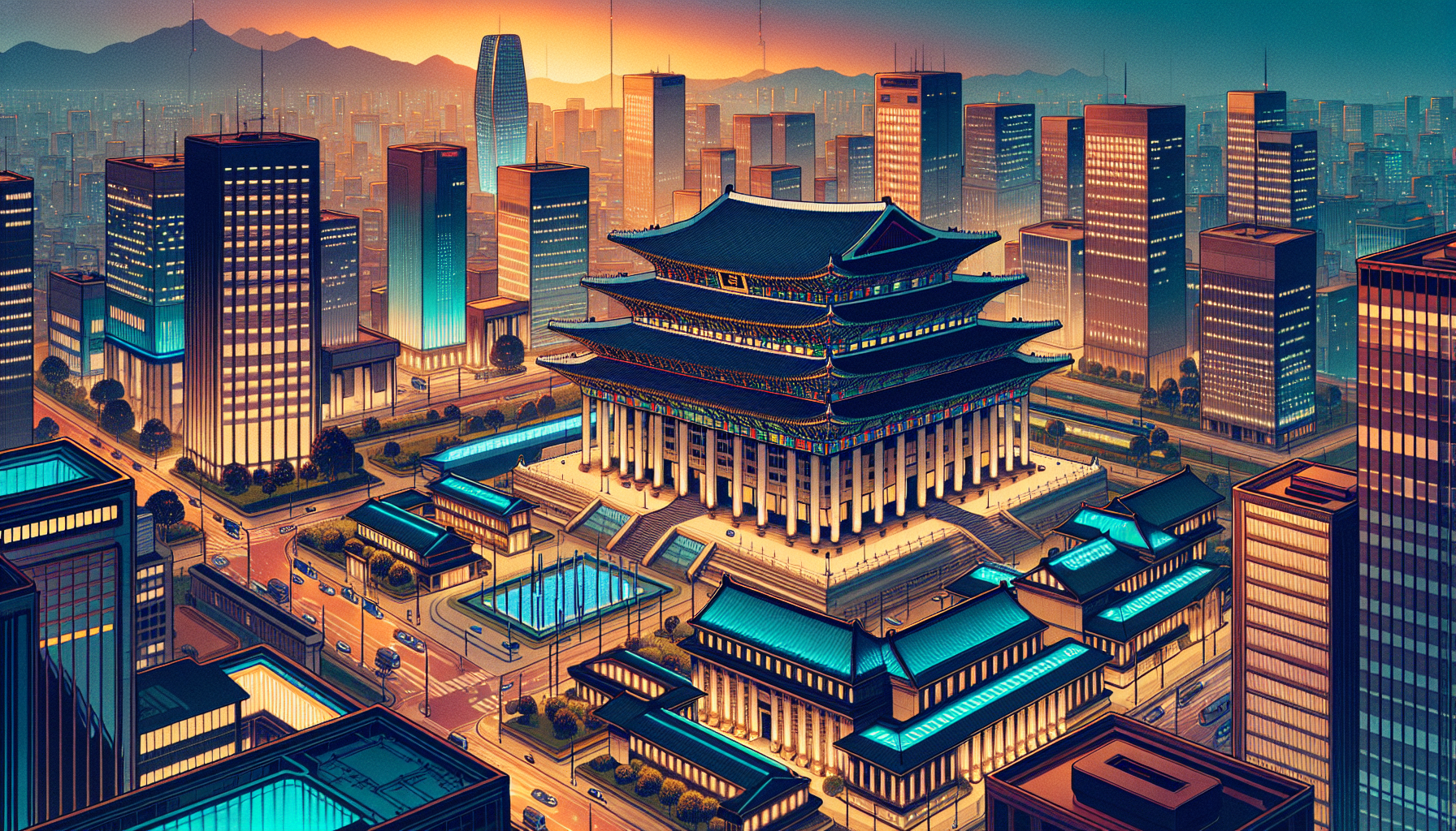 A vibrant cityscape at sunset featuring a