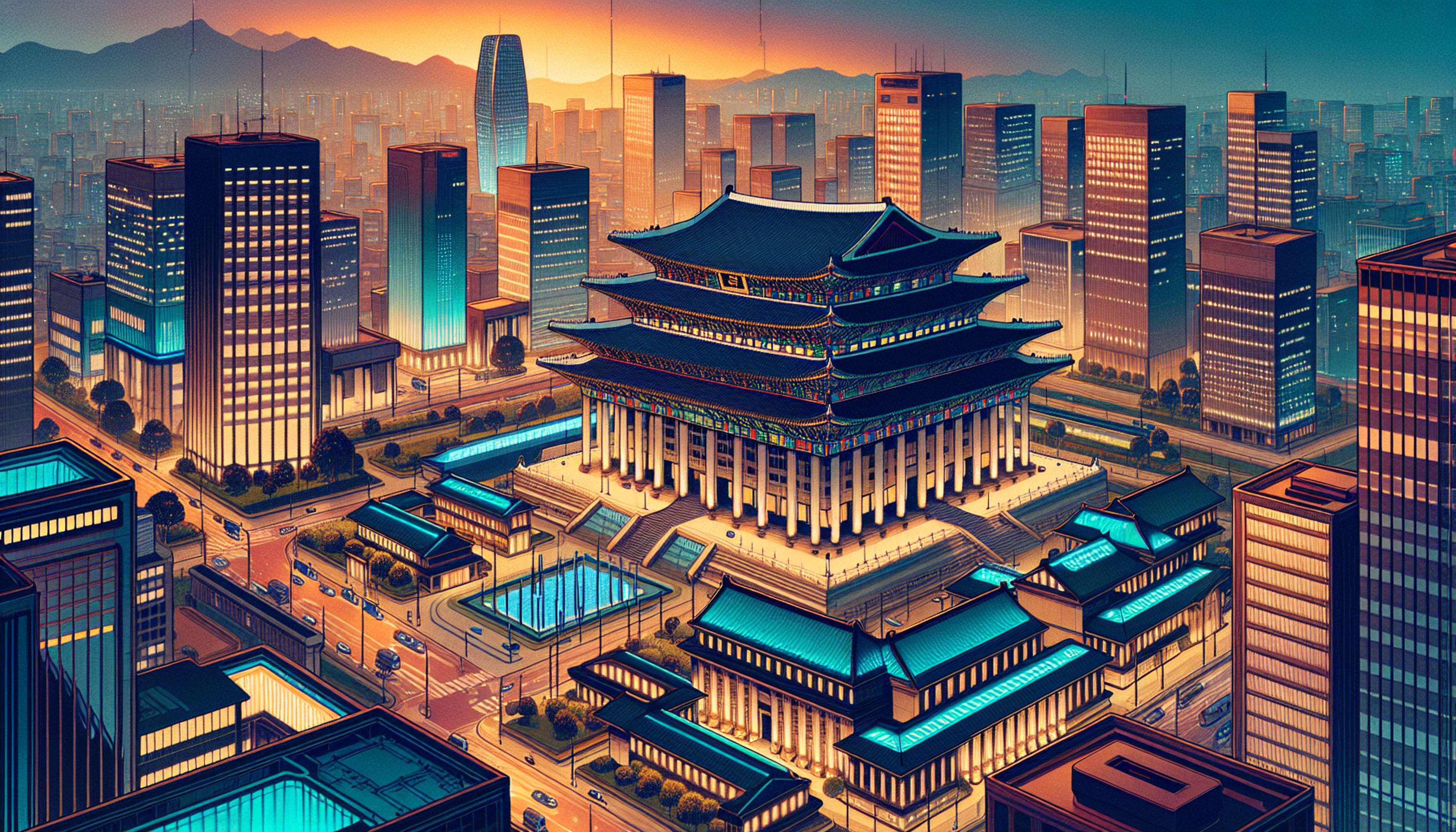 A vibrant cityscape at sunset featuring a