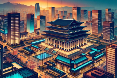 A vibrant cityscape at sunset featuring a