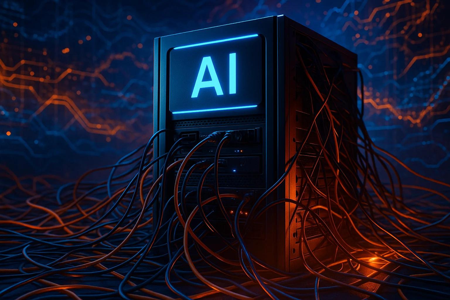 A computer server with glowing blue 'AI' text