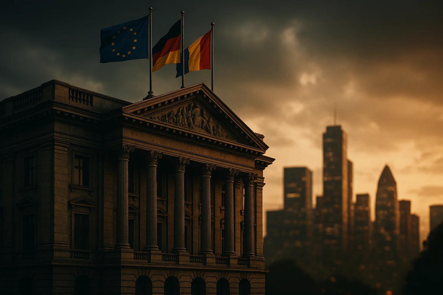 Historic building with flags against a city