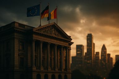 Historic building with flags against a city