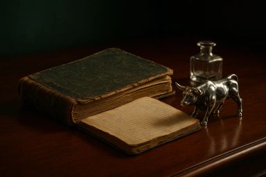 A vintage book with a leather cover, an open