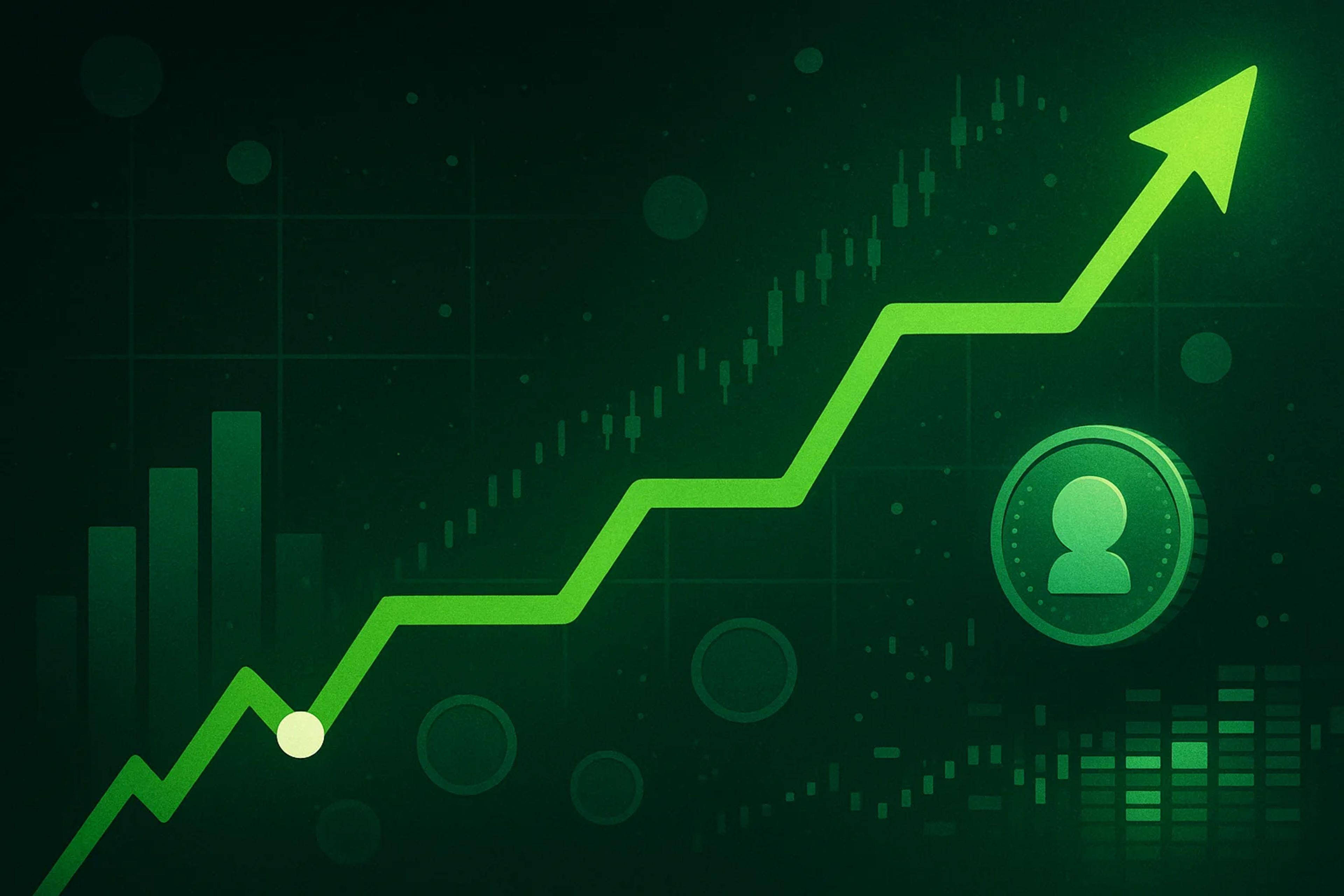 Green upward trend line with graphs and circles