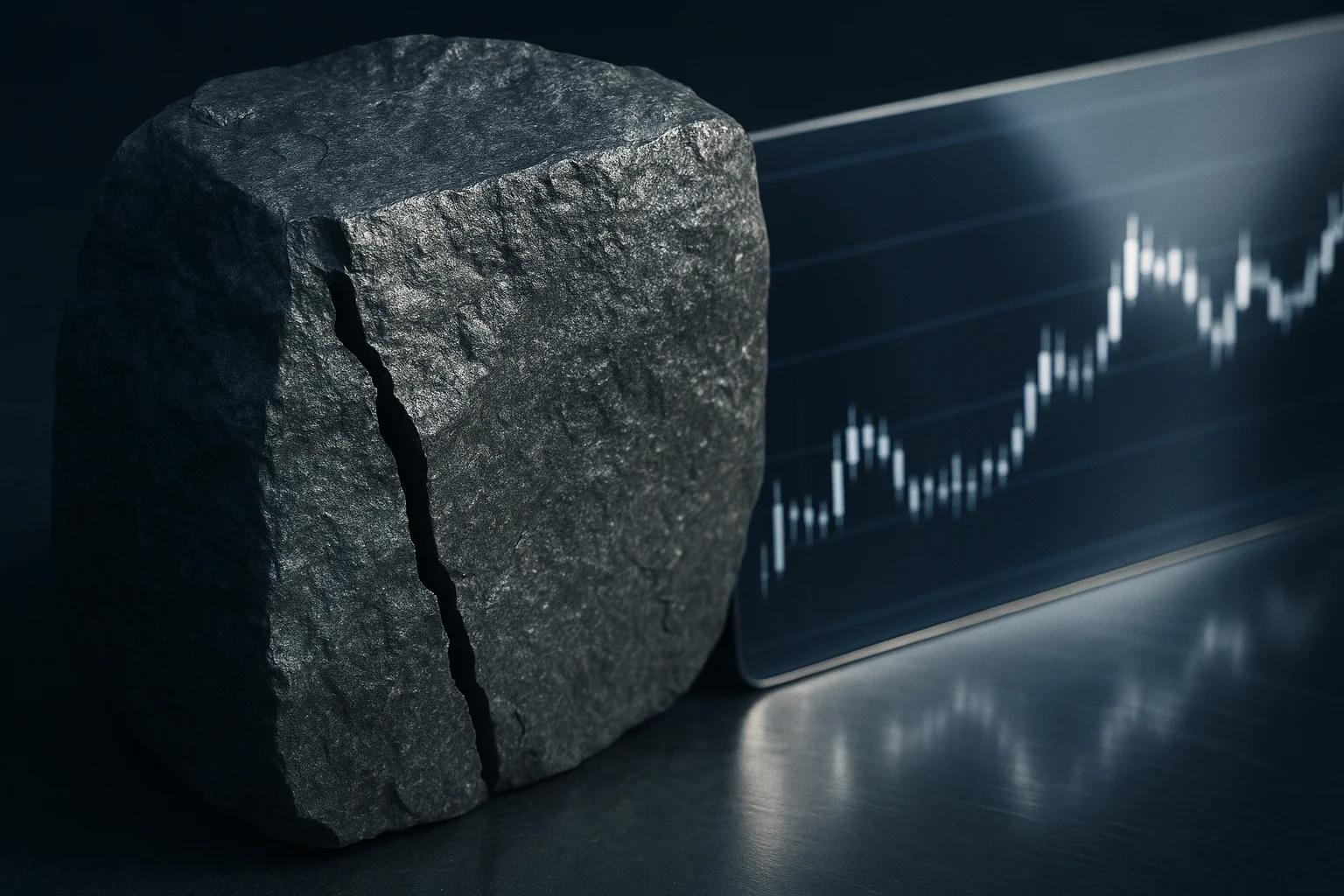 A cracked rock beside a glass panel displaying a