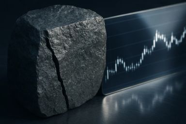 A cracked rock beside a glass panel displaying a