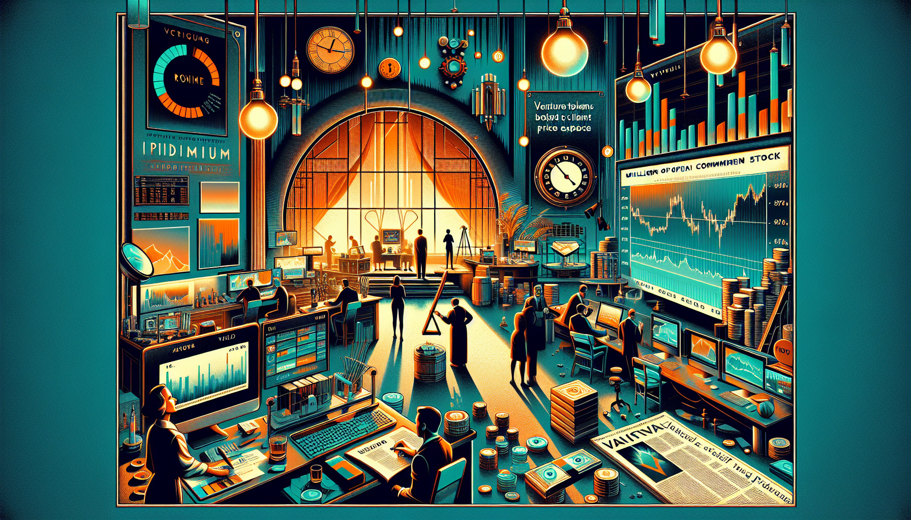 A busy trading room with large screens, charts