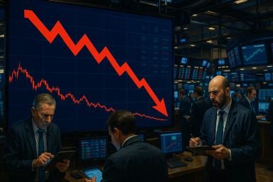 Traders in suits analyzing a declining stock chart