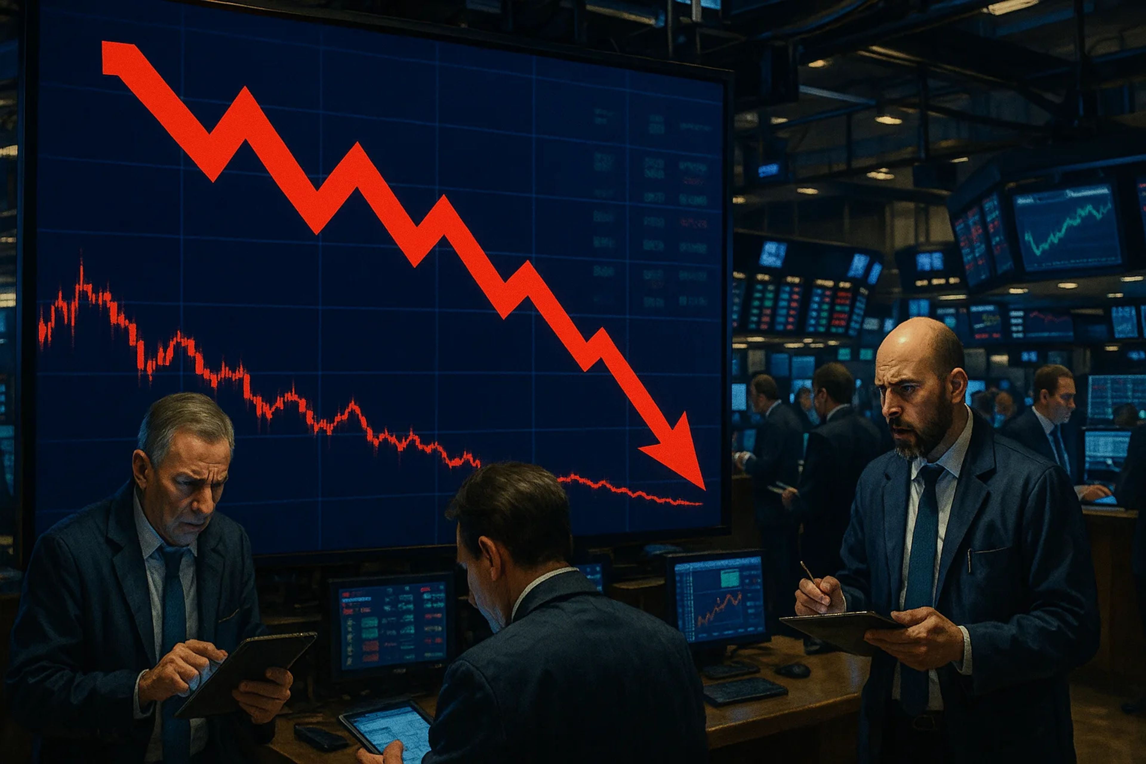 Traders in suits analyzing a declining stock chart