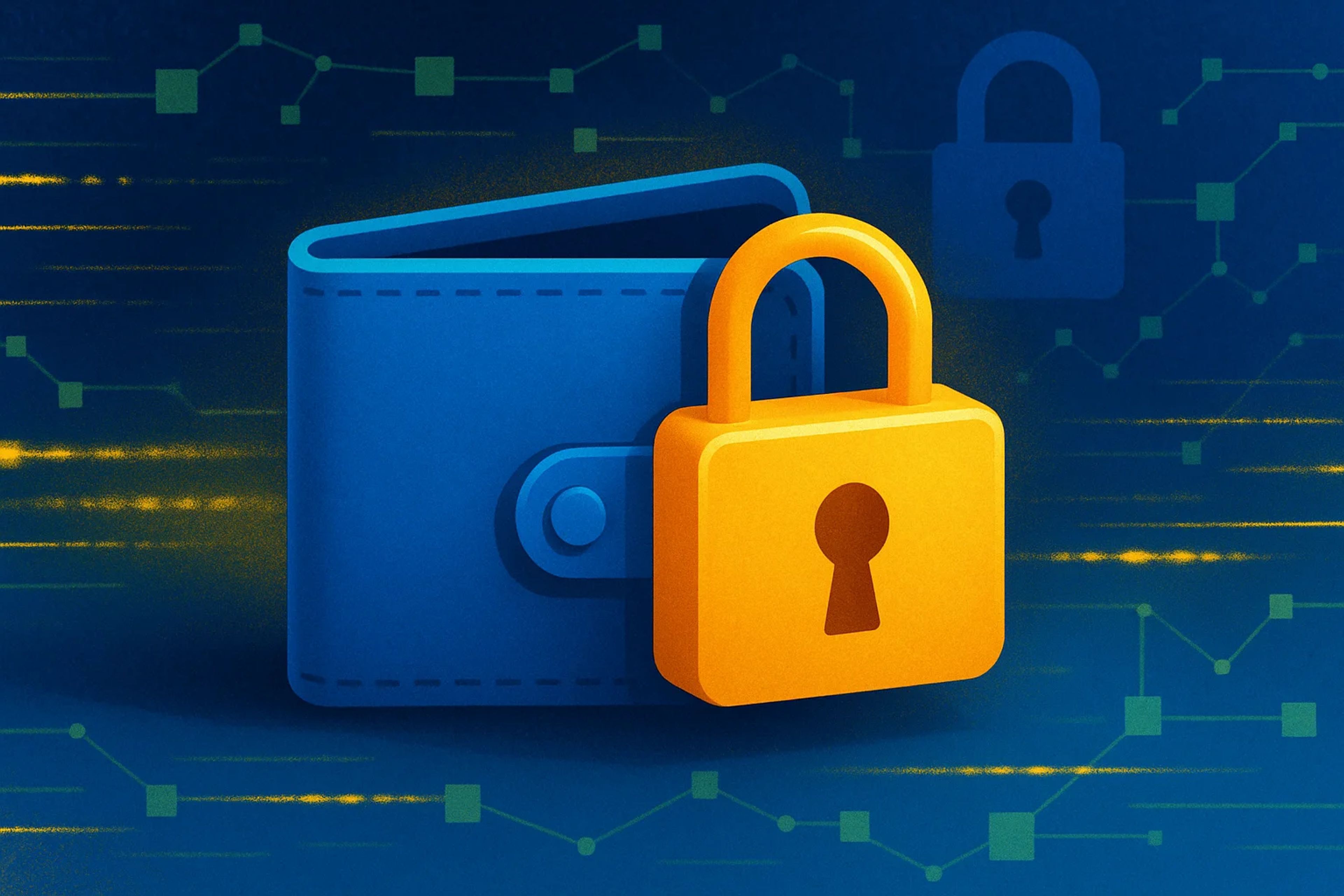 A blue wallet with a yellow padlock overlay