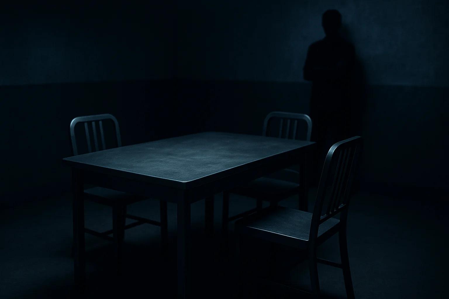 Dimly lit room with a table and chairs