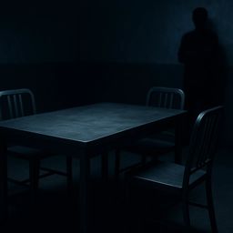 Dimly lit room with a table and chairs