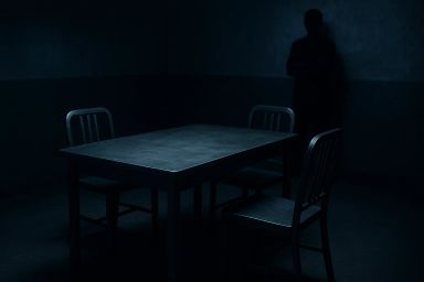 Dimly lit room with a table and chairs