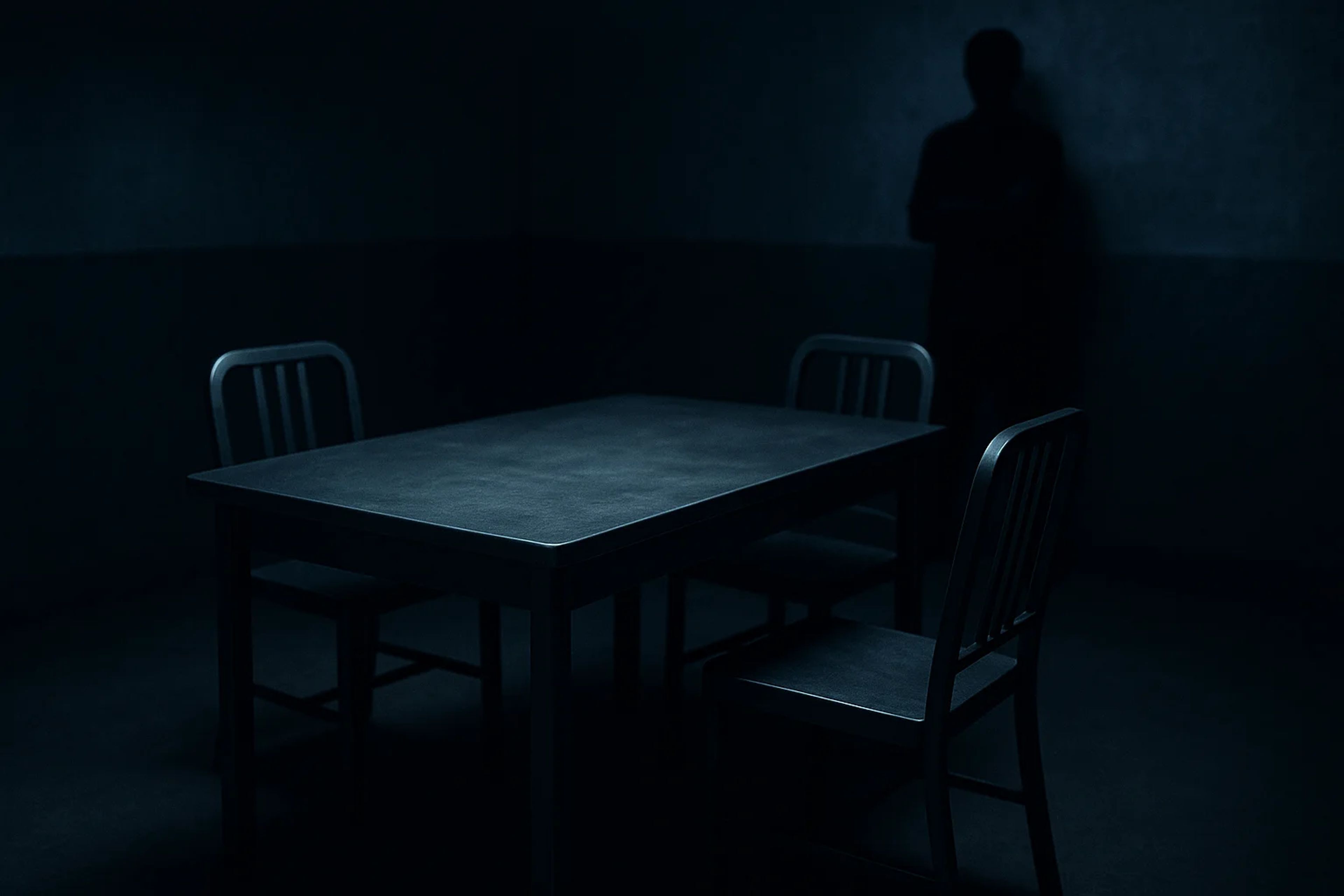 Dimly lit room with a table and chairs