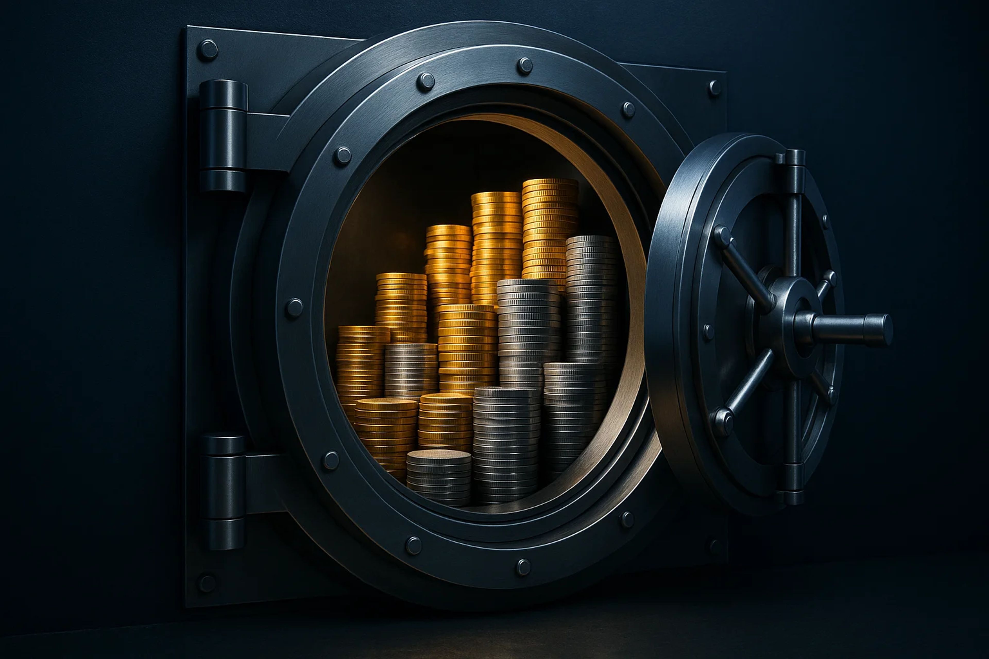 Open vault door revealing stacks of gold and