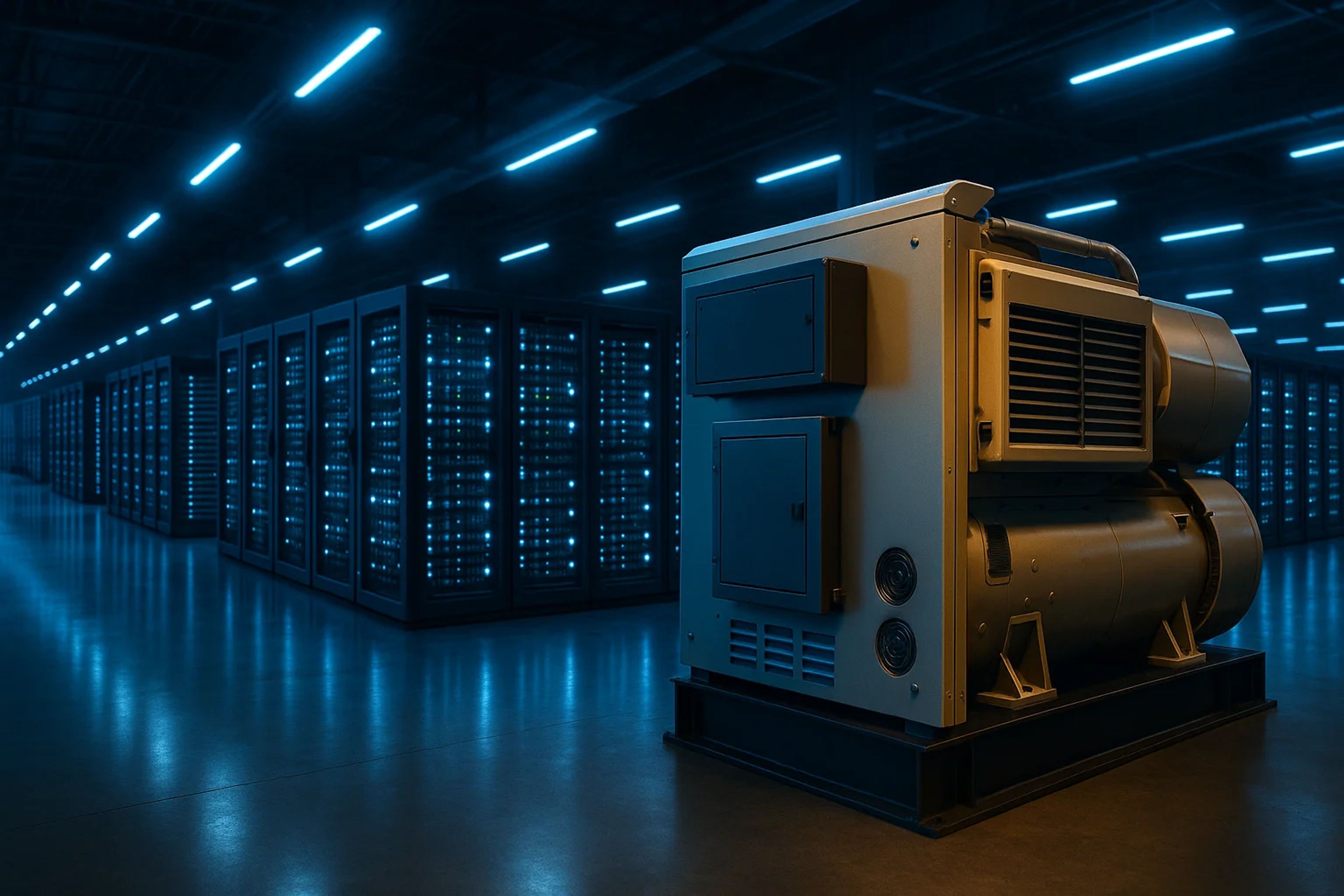 A large generator in a dimly lit data center