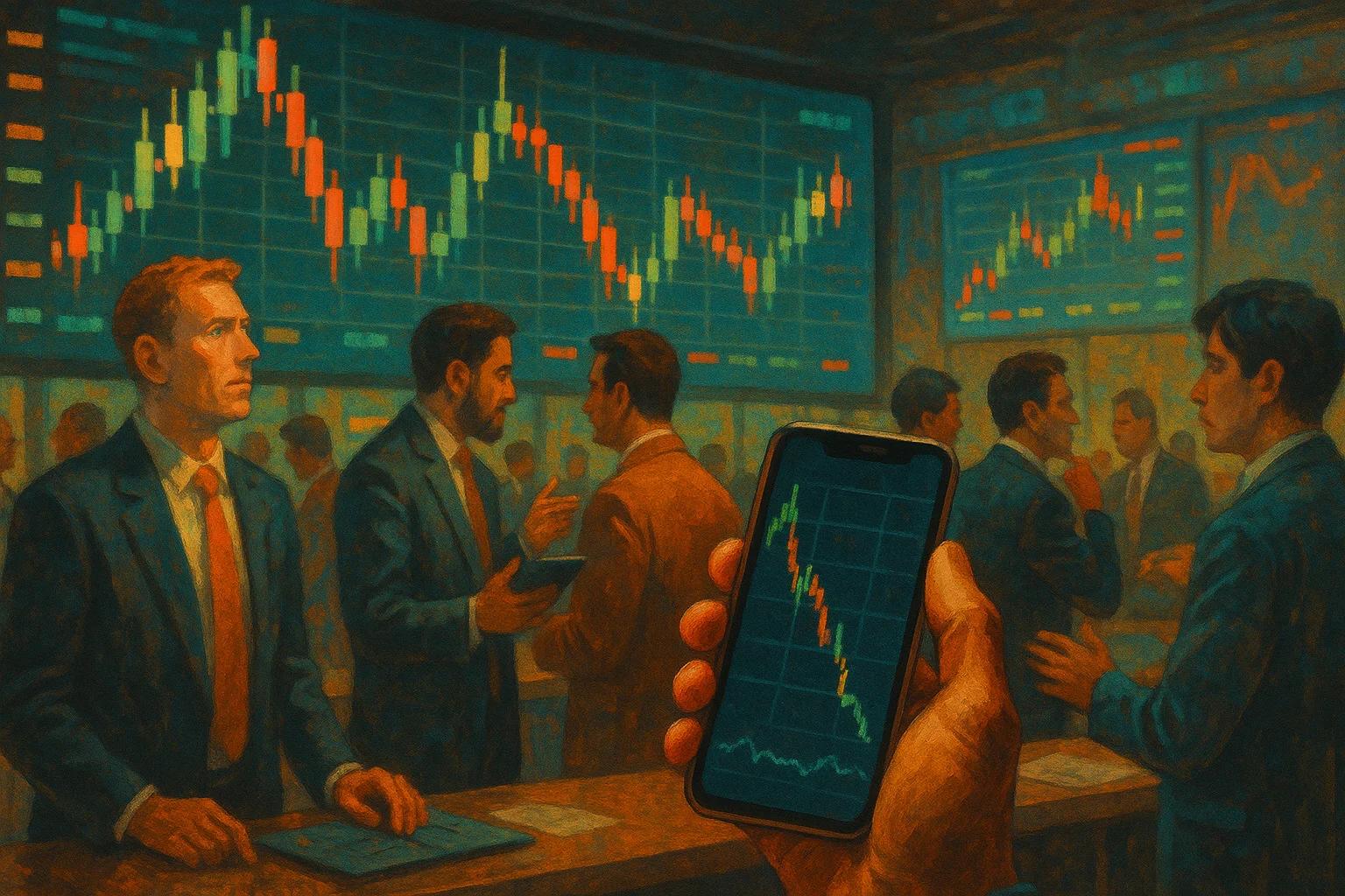 A group of professionals in a trading room, with