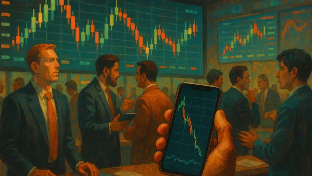 A group of professionals in a trading room, with