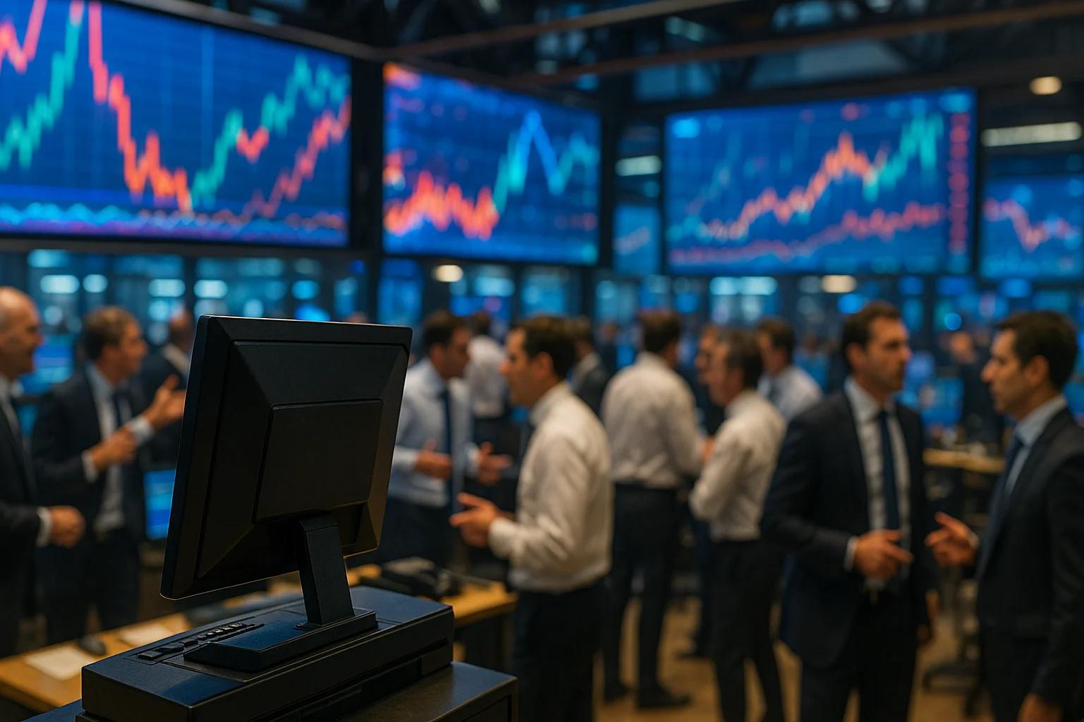 Trading floor with monitors displaying stock