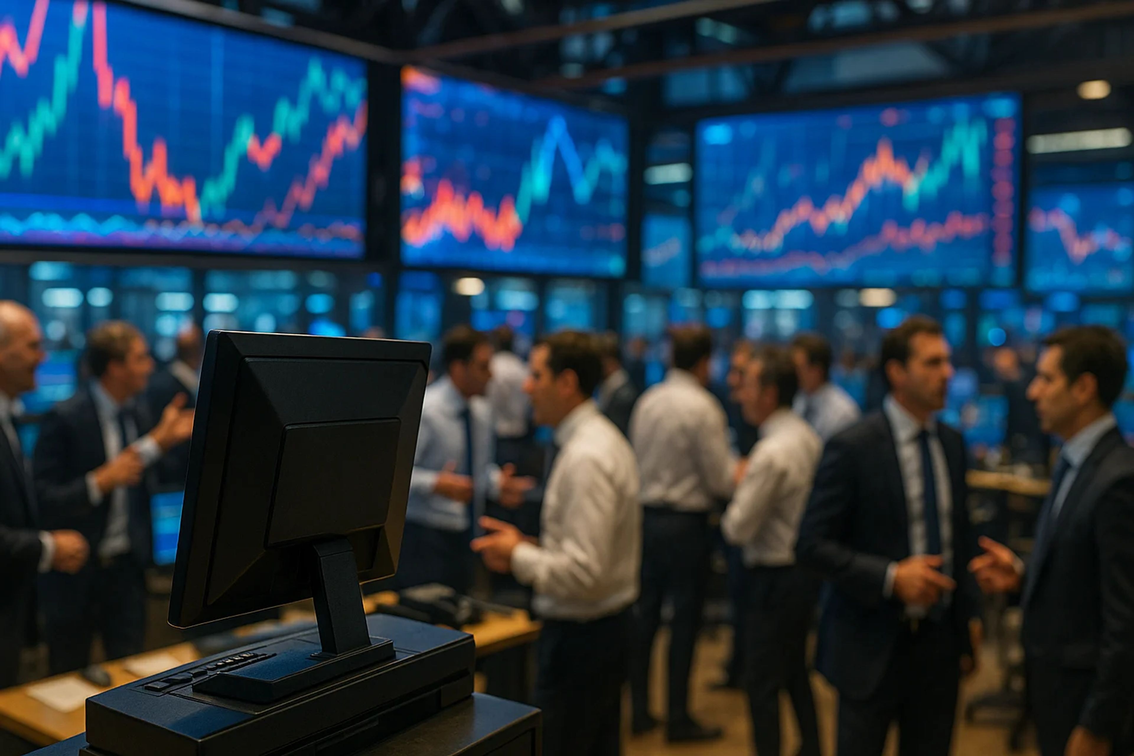 Trading floor with monitors displaying stock