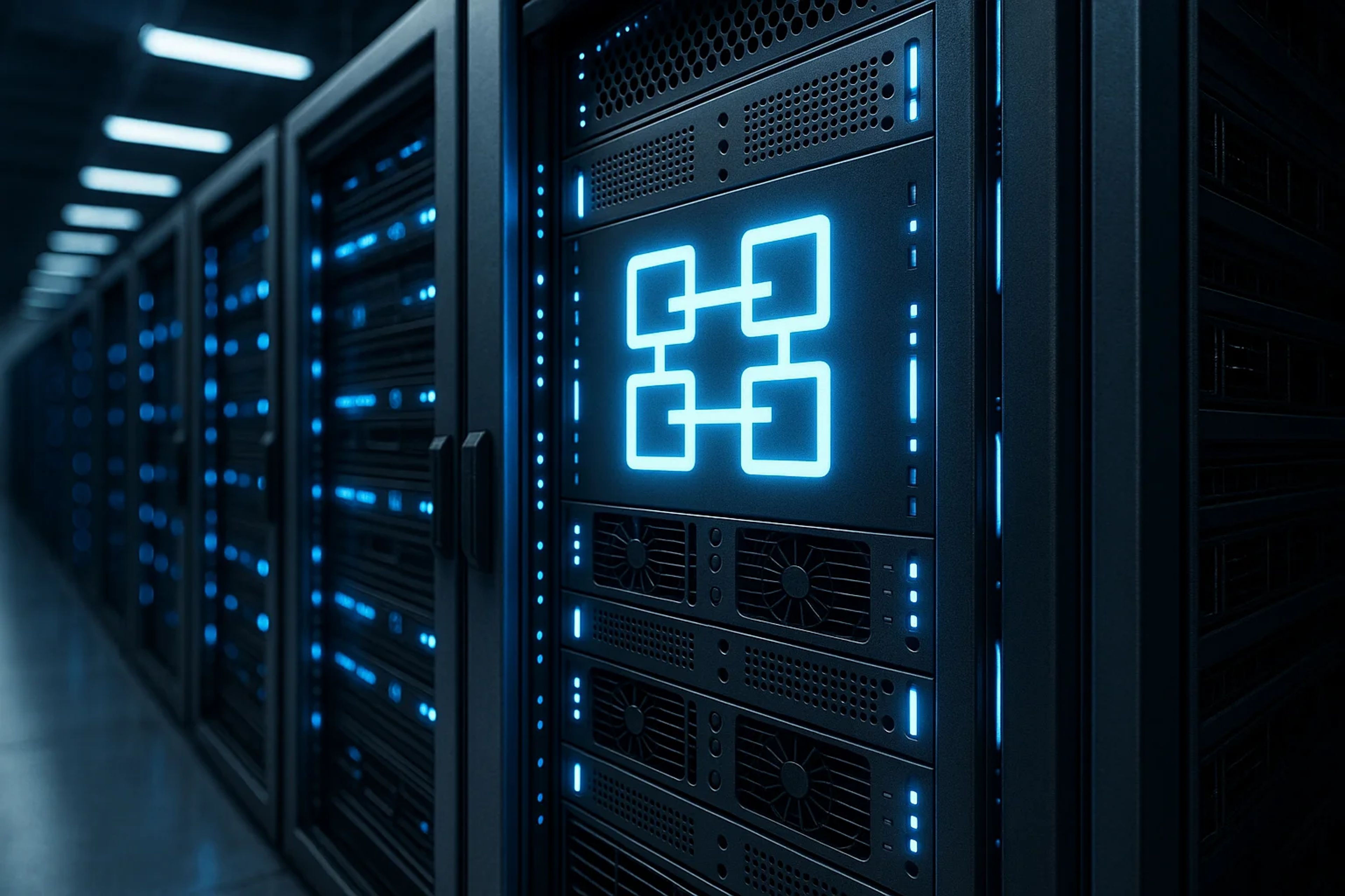 Row of dark server racks with blue lights