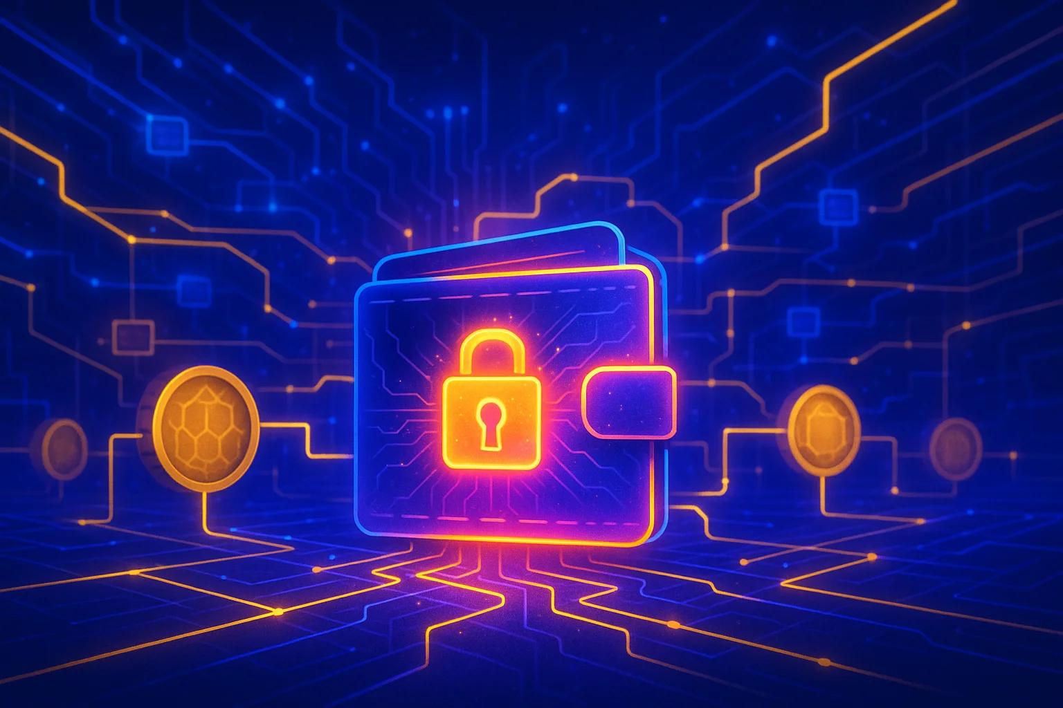 A digital wallet with a padlock, glowing in blue