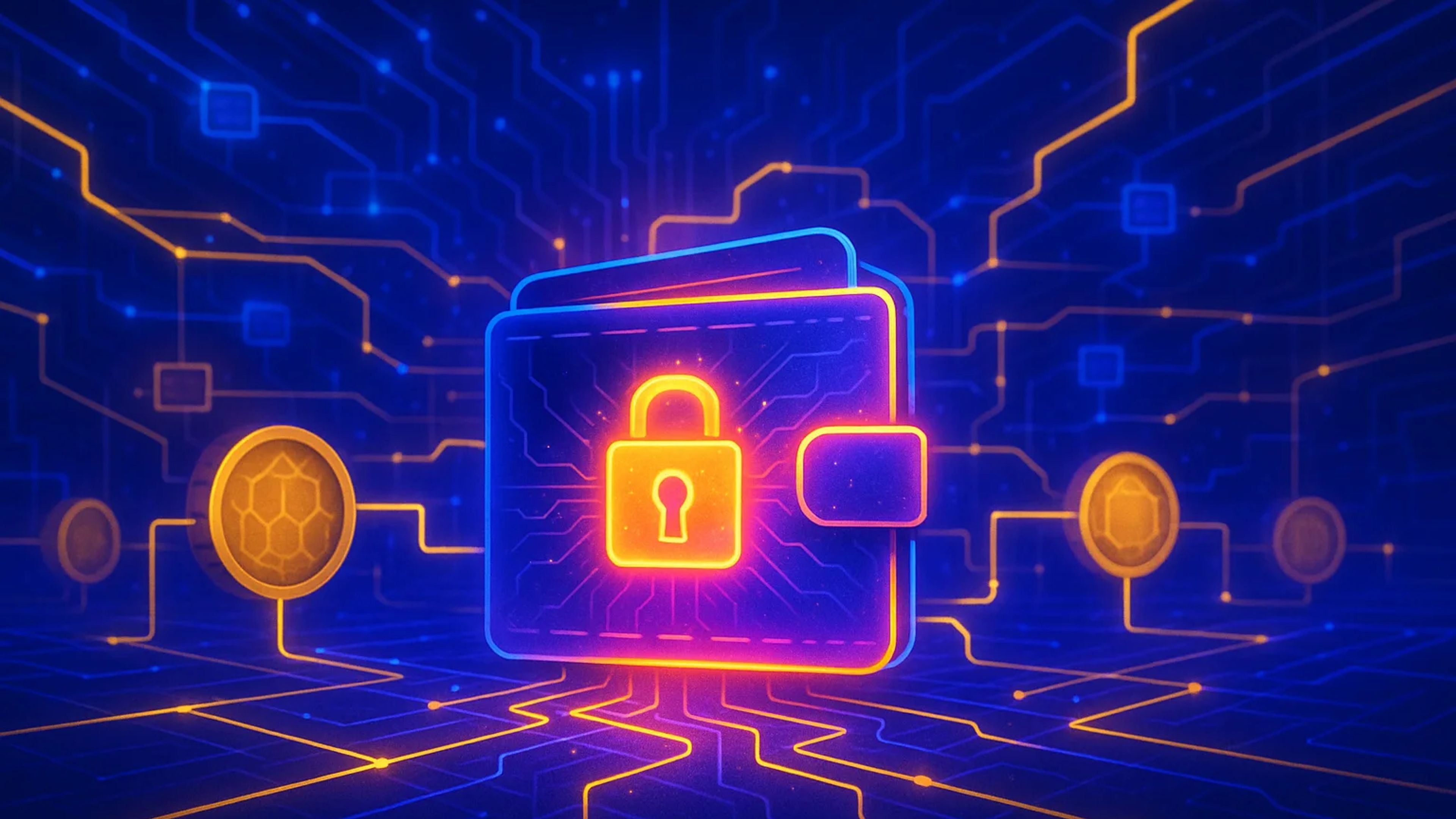 A digital wallet with a padlock, glowing in blue