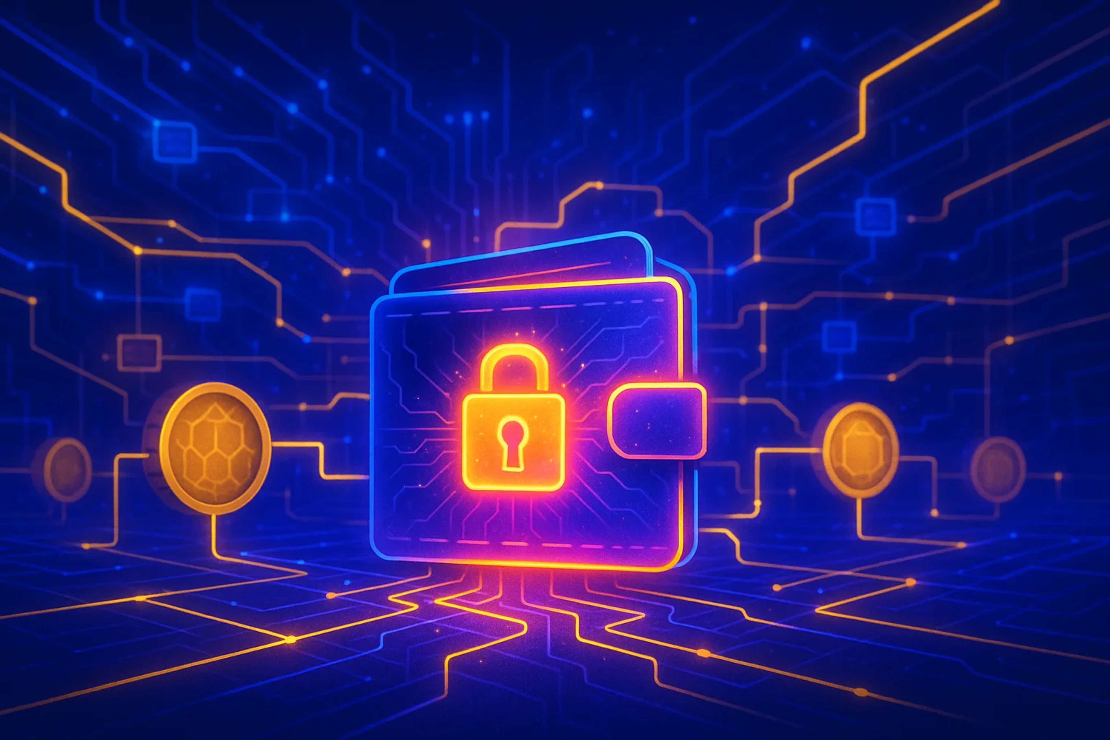 A digital wallet with a padlock, glowing in blue