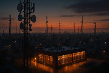 Telecommunications towers at dusk with glowing