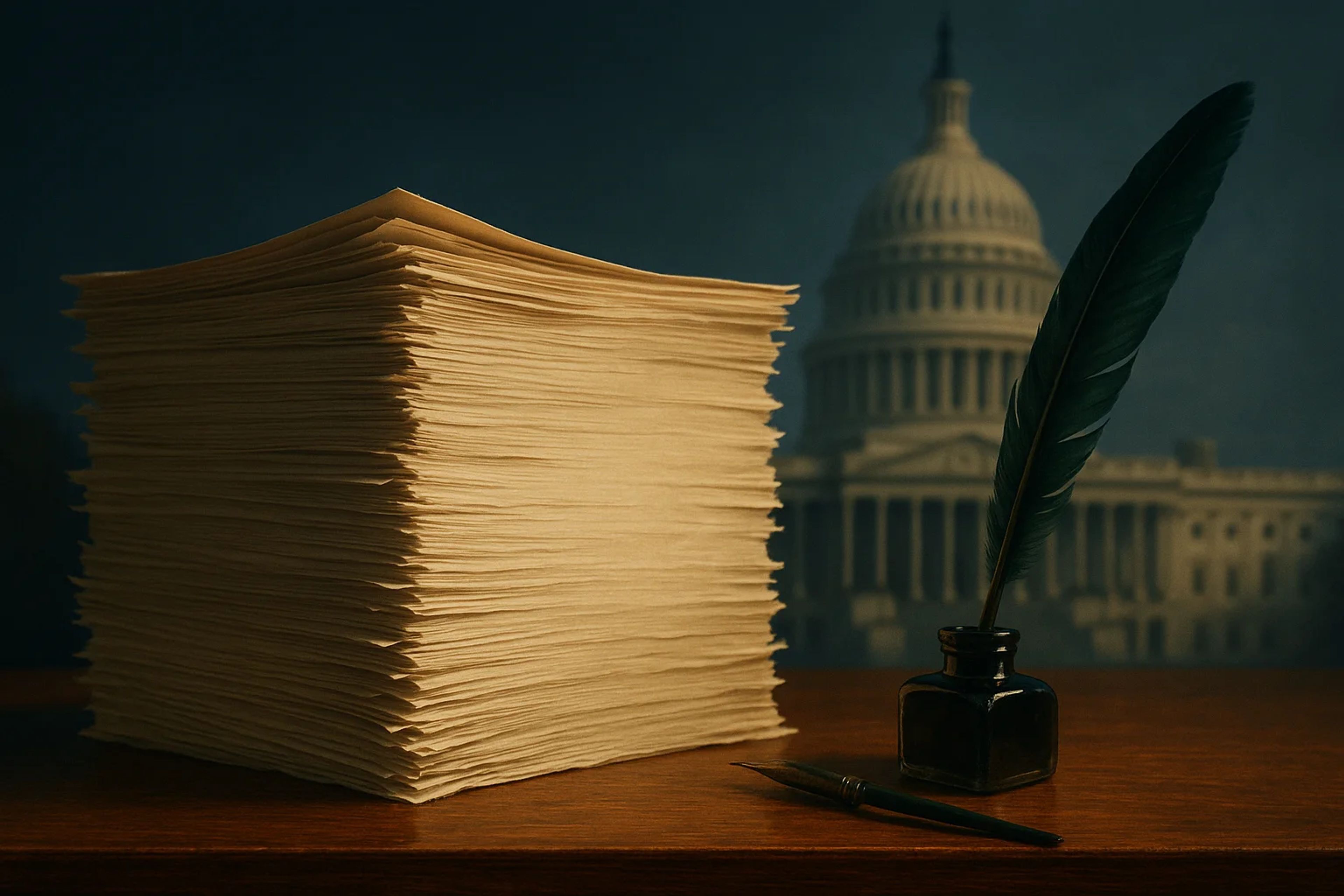 Stack of papers beside a quill and ink pot with a