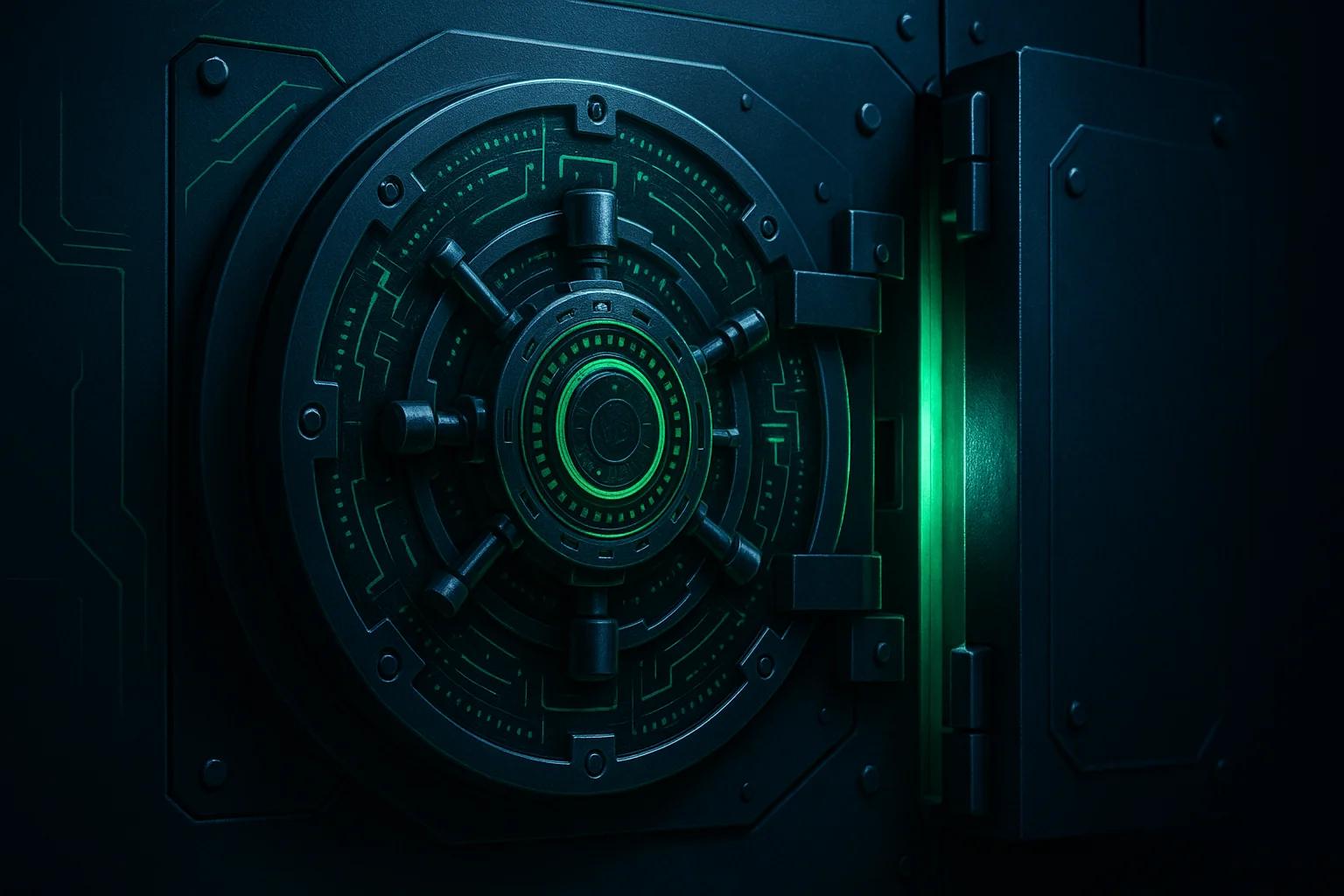 Close-up of a futuristic vault door with glowing