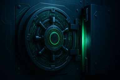 Close-up of a futuristic vault door with glowing