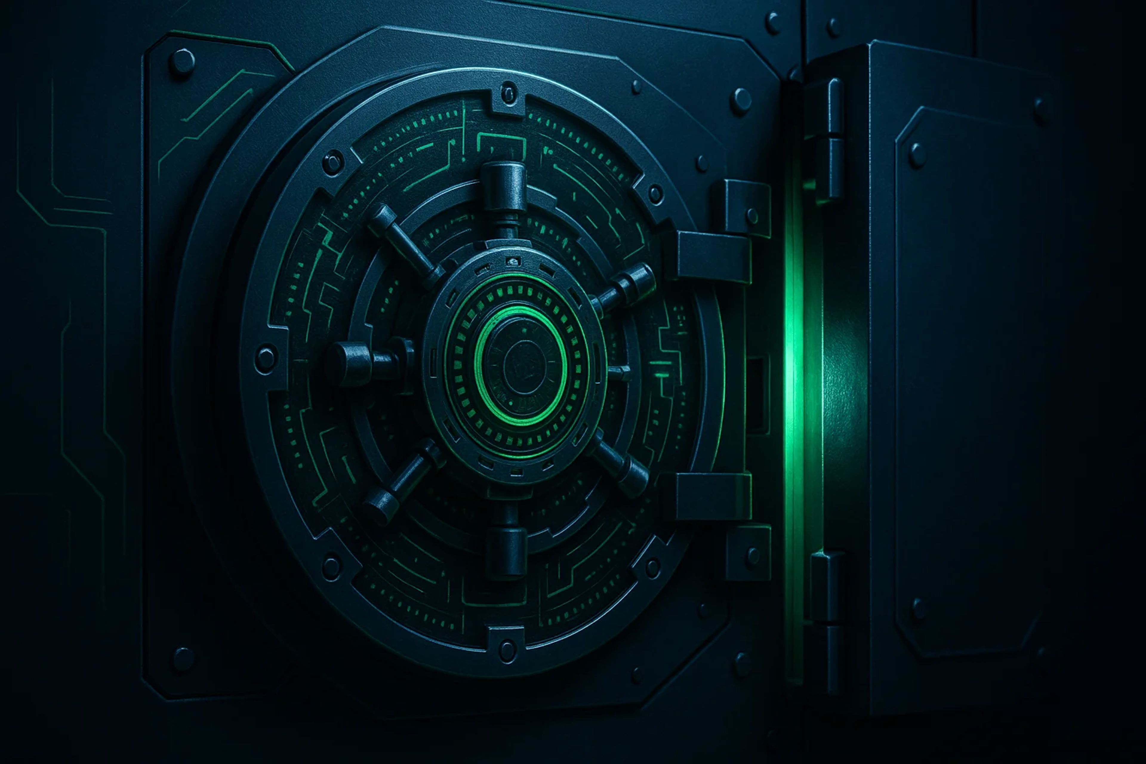 Close-up of a futuristic vault door with glowing