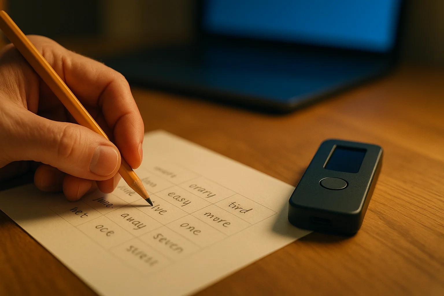 A hand holding a pencil writing on paper with a