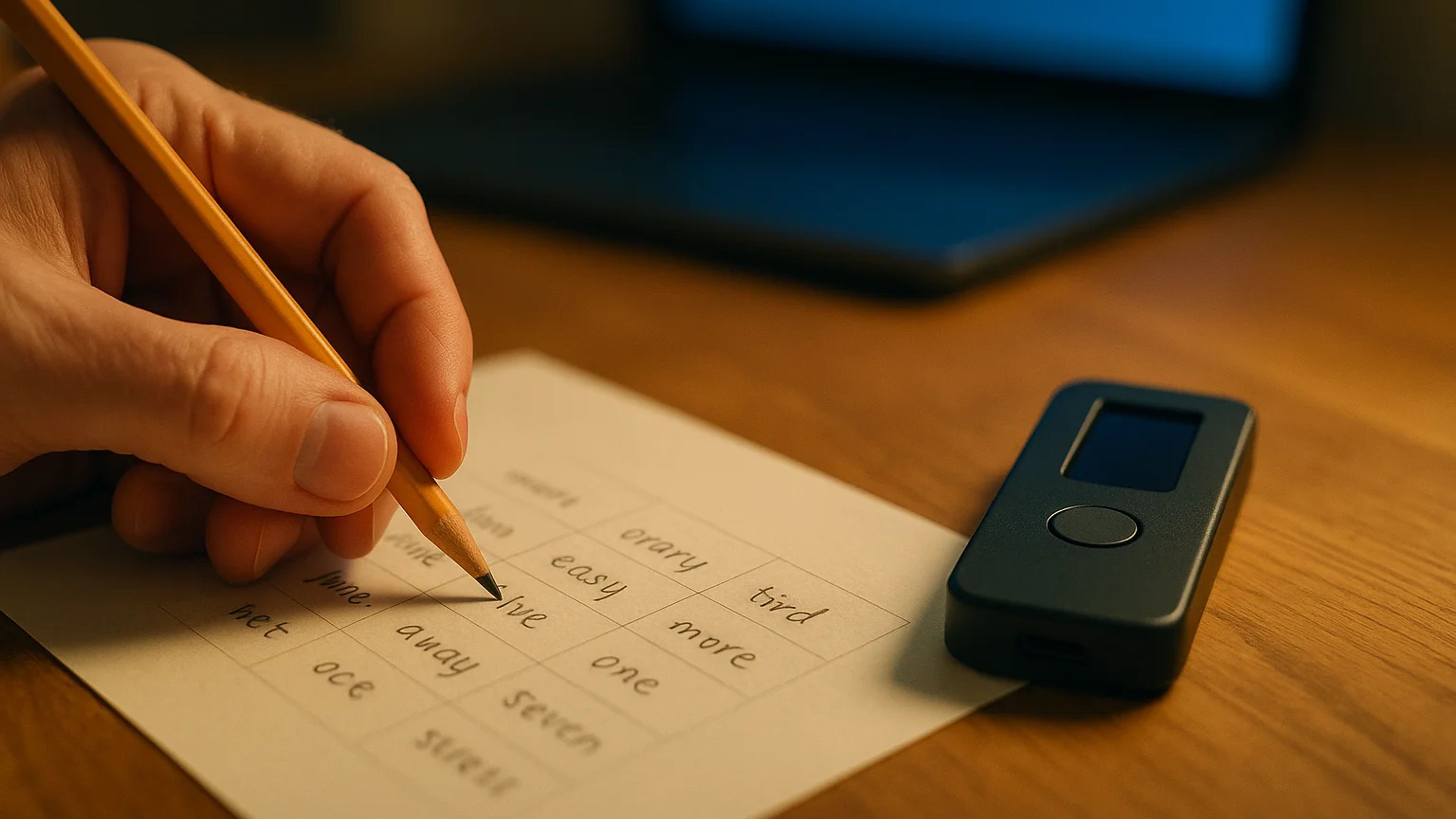 A hand holding a pencil writing on paper with a