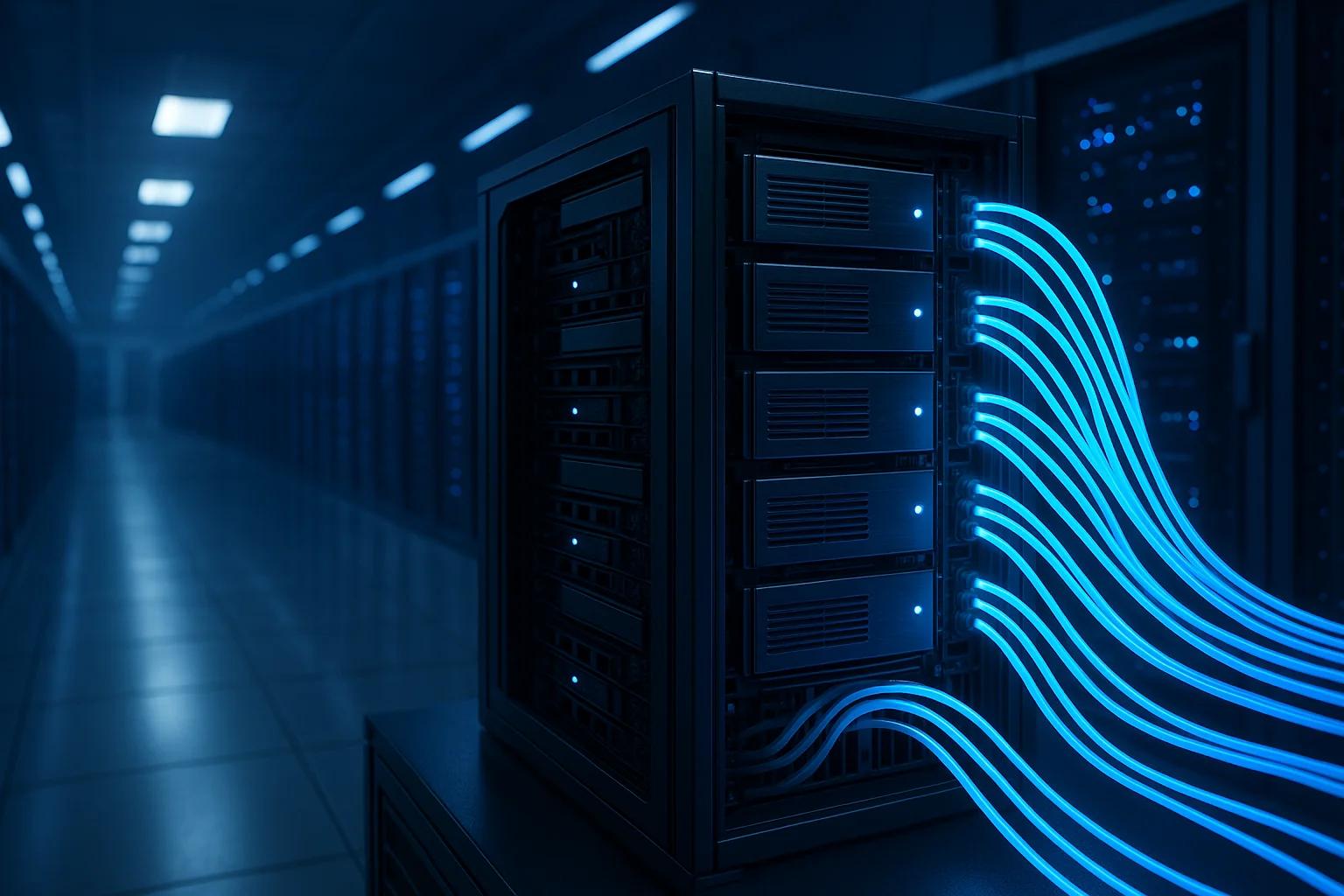 A server rack with glowing blue cables in a dimly