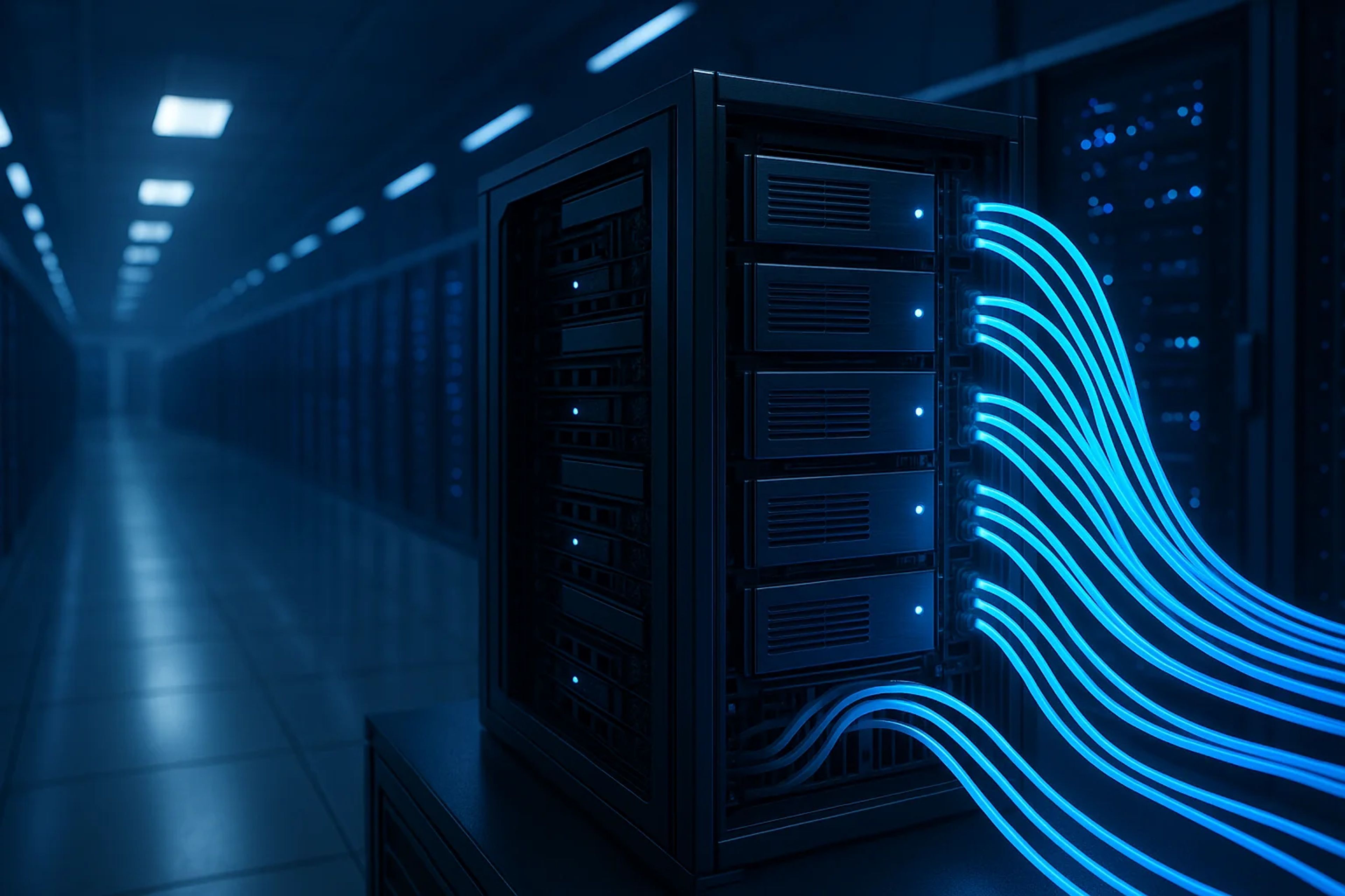 A server rack with glowing blue cables in a dimly