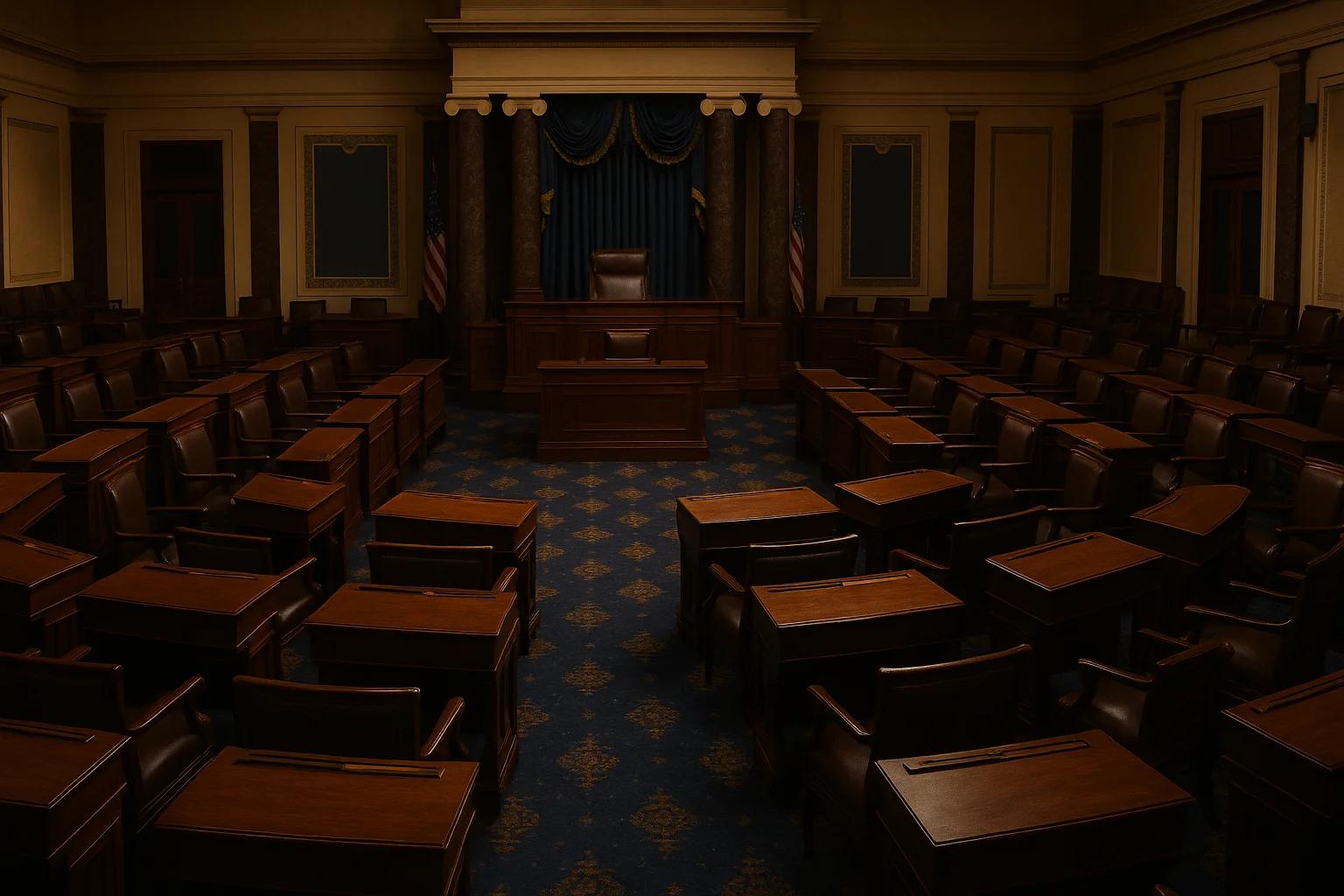 Empty legislative chamber with wooden desks