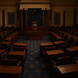 Empty legislative chamber with wooden desks