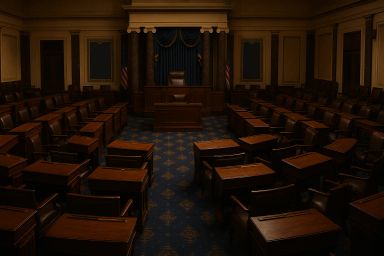 Empty legislative chamber with wooden desks
