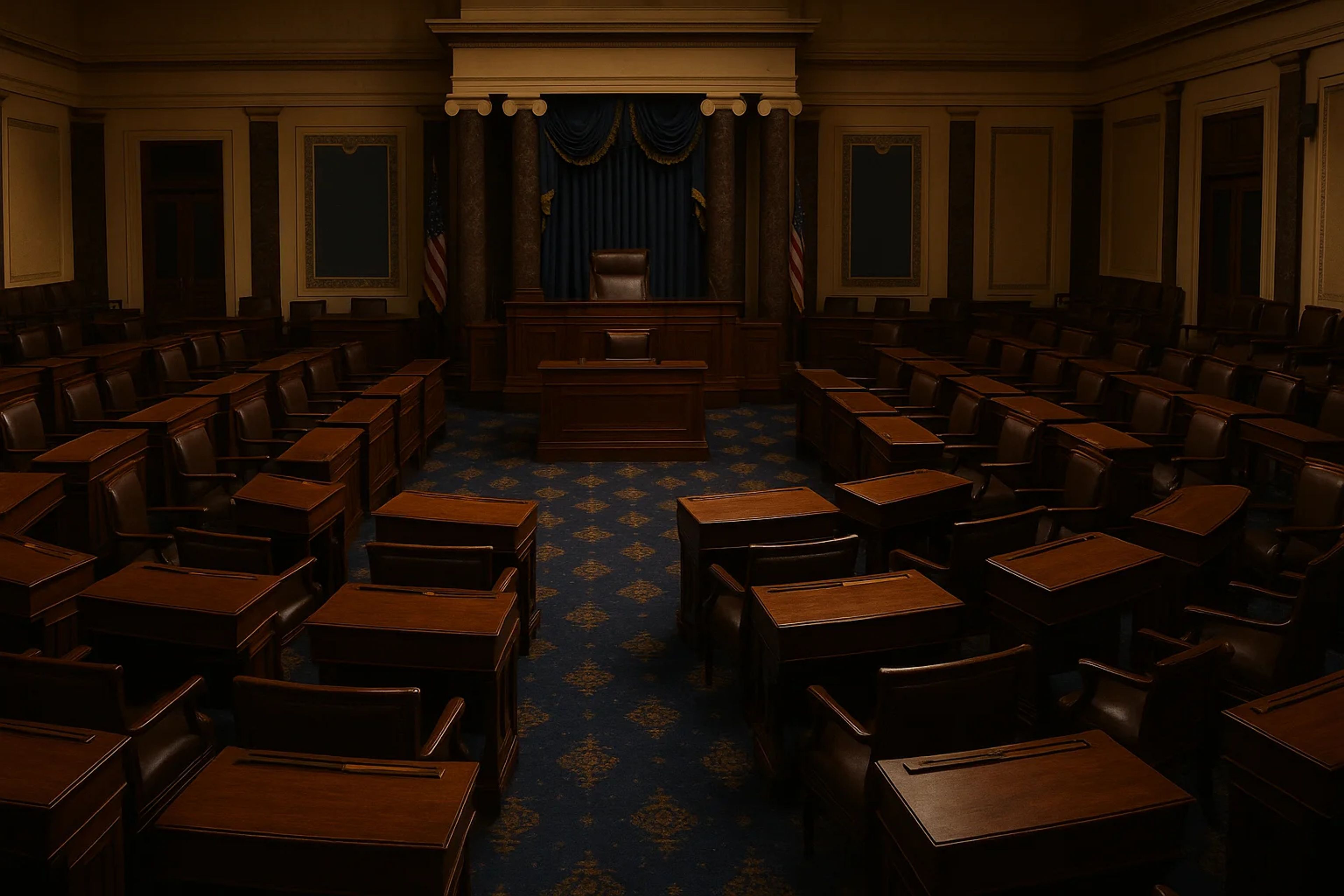 Empty legislative chamber with wooden desks