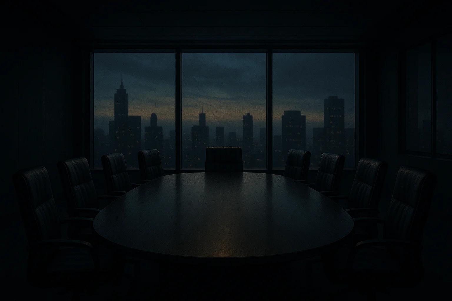 Dark conference room with a large table and city
