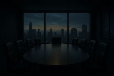 Dark conference room with a large table and city