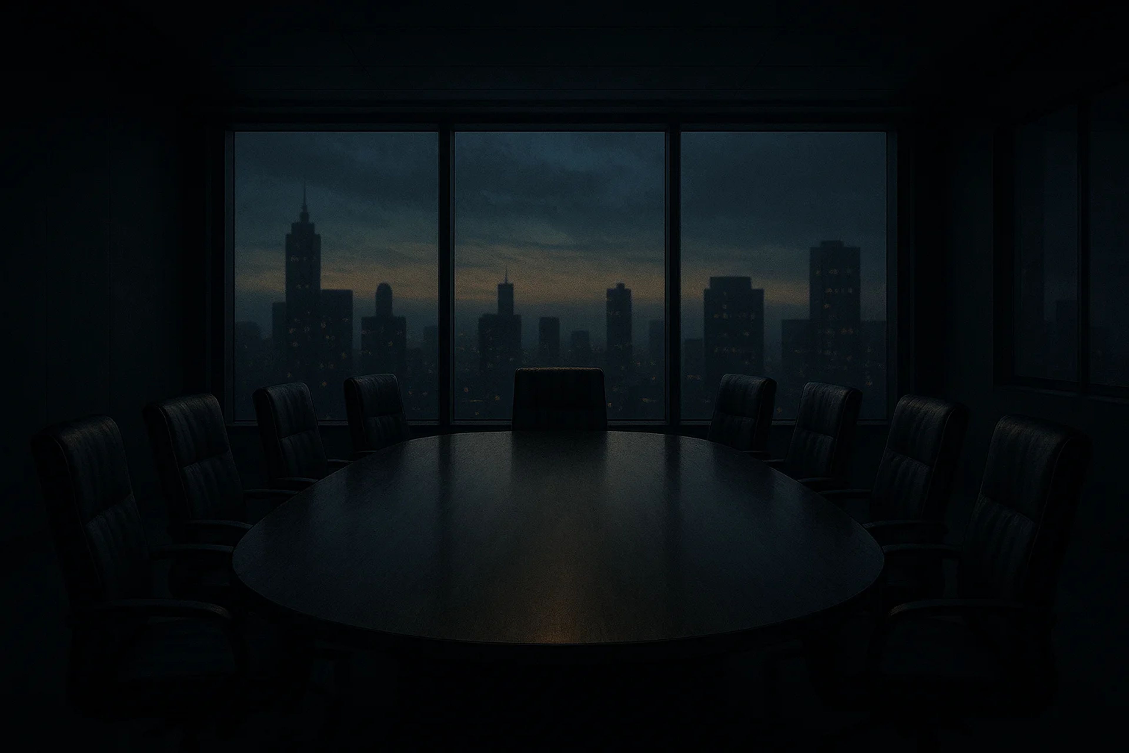 Dark conference room with a large table and city