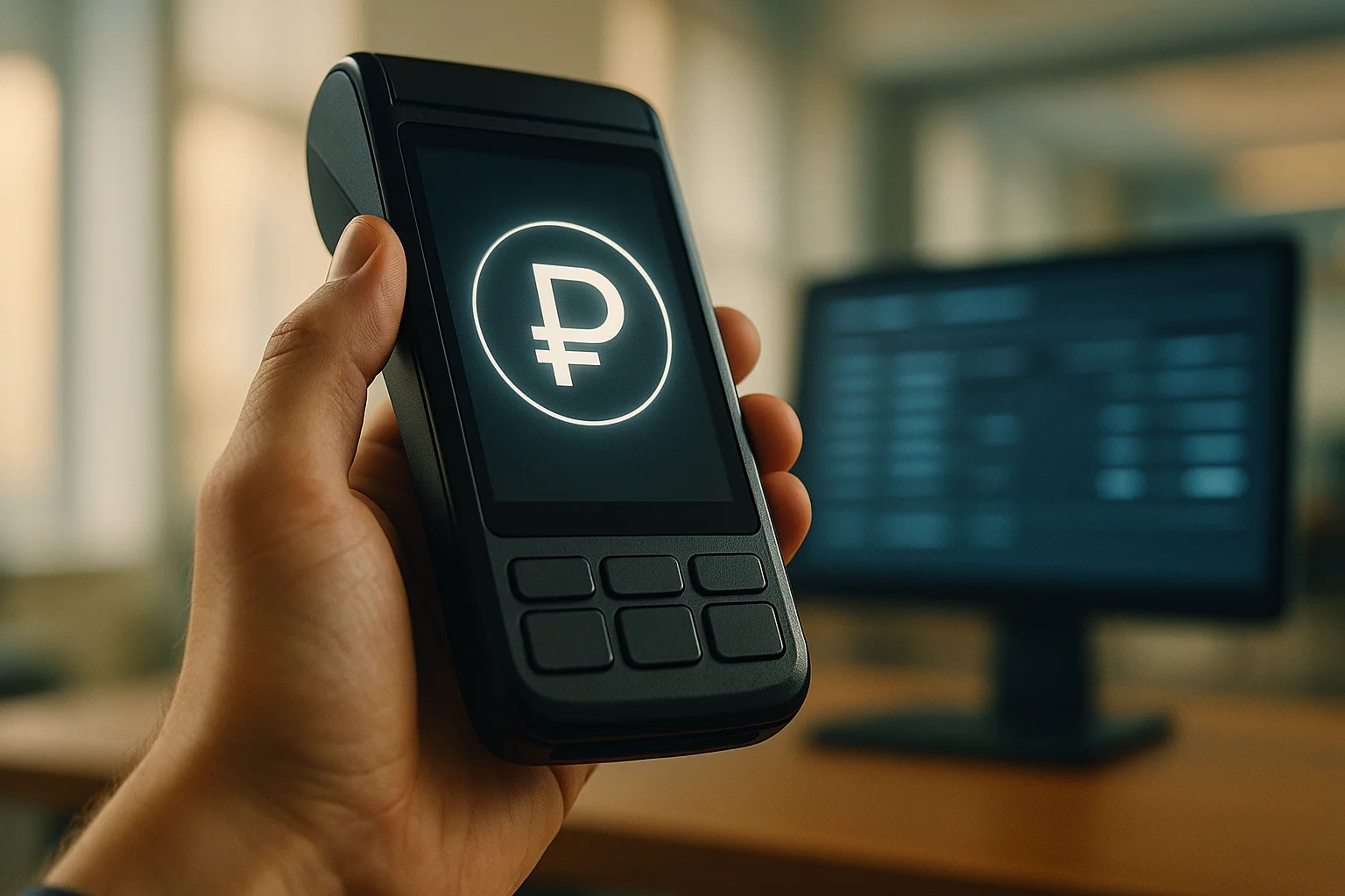 A hand holding a digital payment device with a