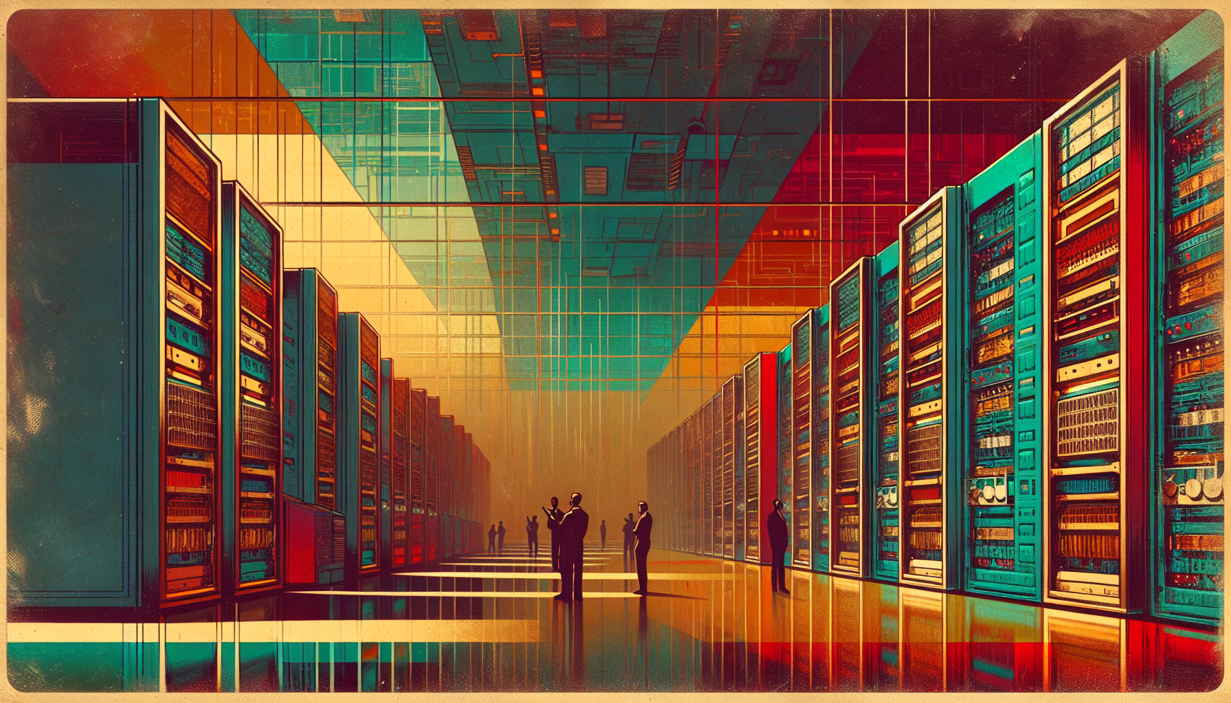 Futuristic data center with rows of servers and